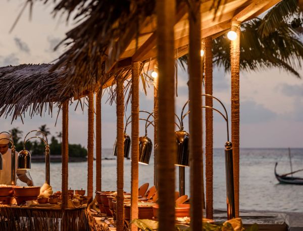 A Person Sitting At A Table Under A Palm Tree On A Beach