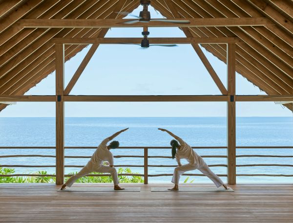 A Couple Of Kangaroos In A Room With A Wood Floor And A Body Of Water